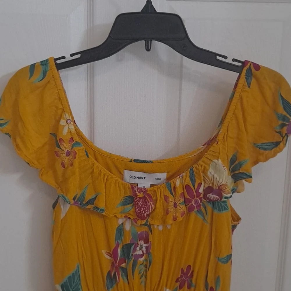 Old Navy Mustard Yellow Tropical Flower Ruffle Vacation Cruise Summer Sundress